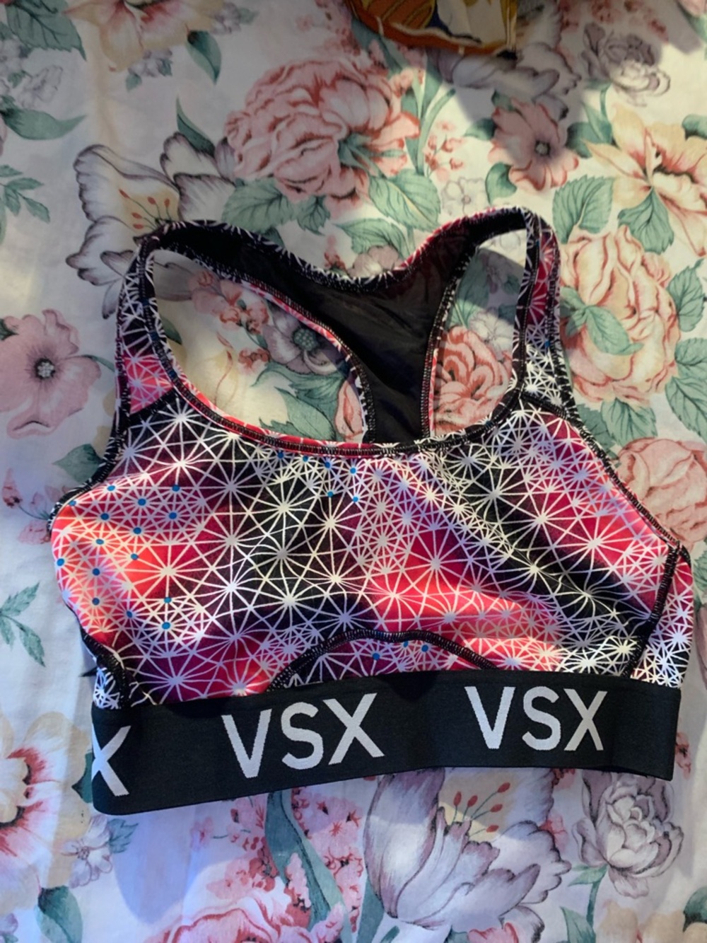 VSX Pink and Black Geometric Racerback Sports Bra Size Small